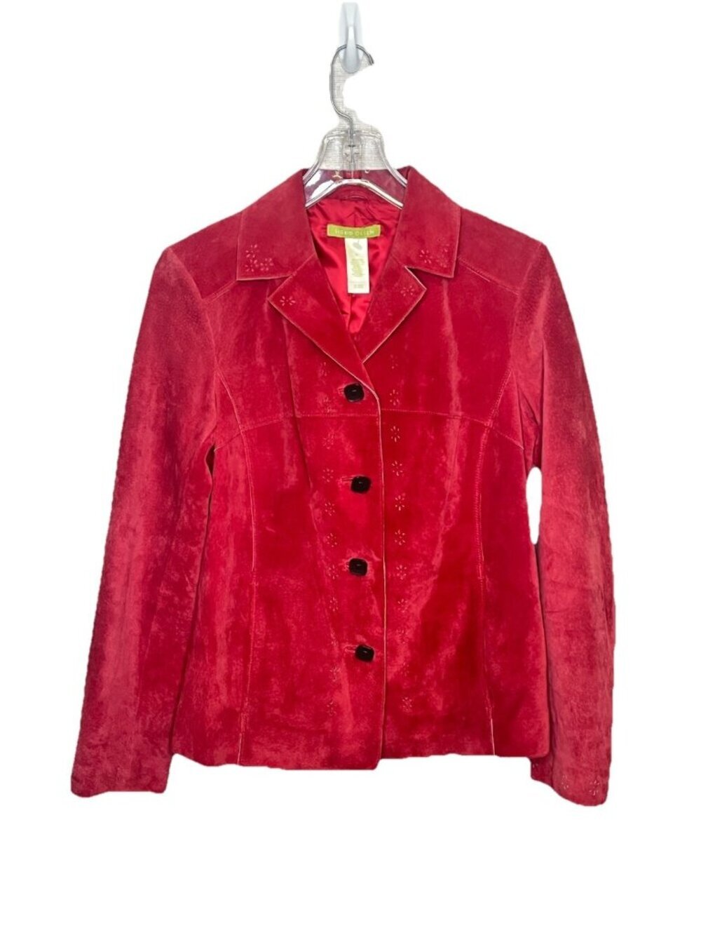 Sigrid Olsen Red Suede Leather Jacket Blazer M Lazer Cut Floral Western Boho